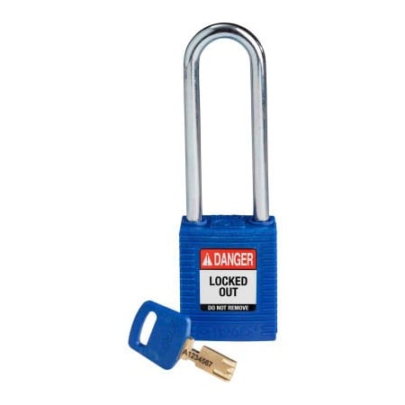 Brady NYL-BLU-76ST-KD Brady SafeKey Lockout Padlock Nylon 3" Steel Shackle Keyed Different NYL-BLU-76ST-KD